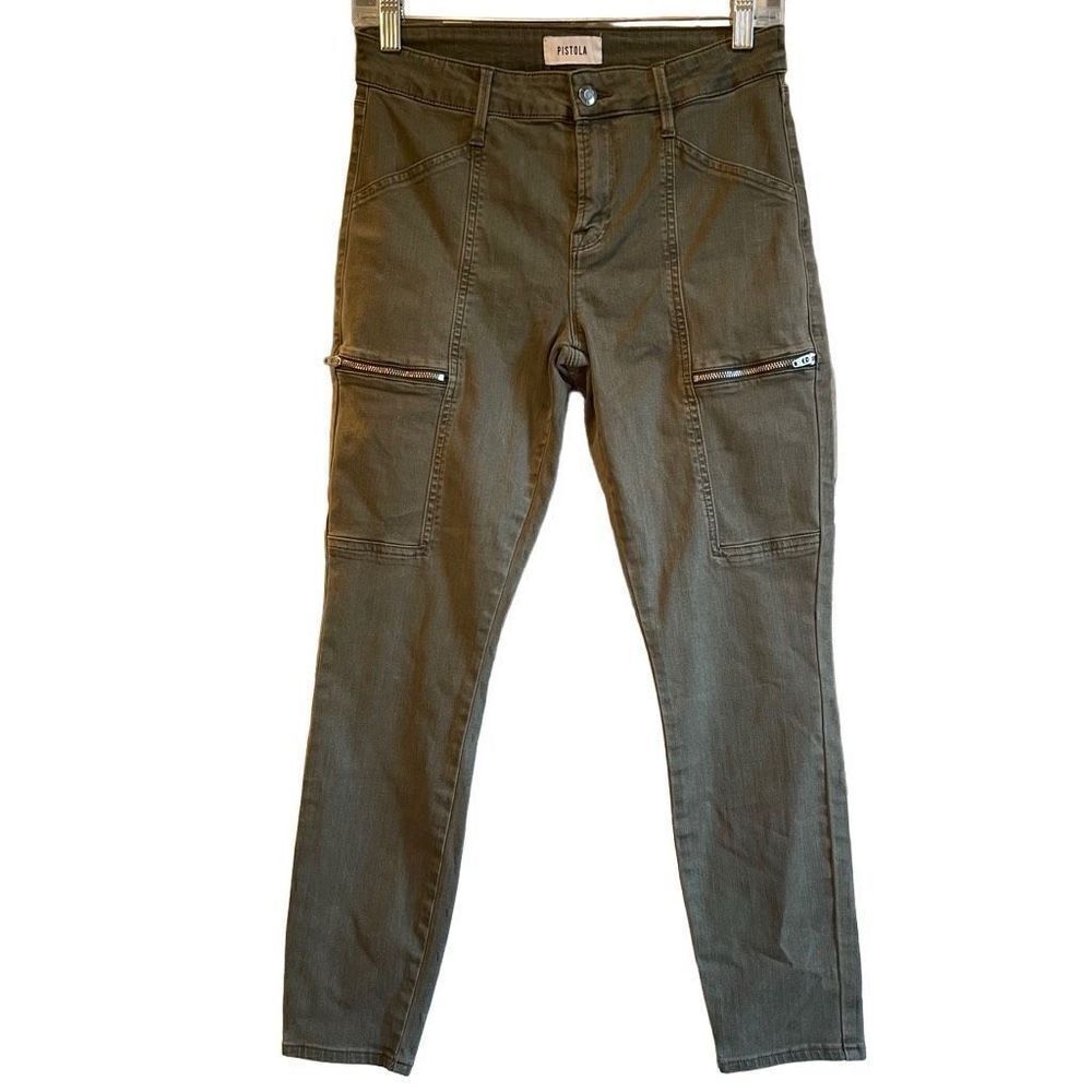 Pistola Jeans Womens 27 Olive Green Moto Ankle Faux Zipper Pants Stretchy Punk